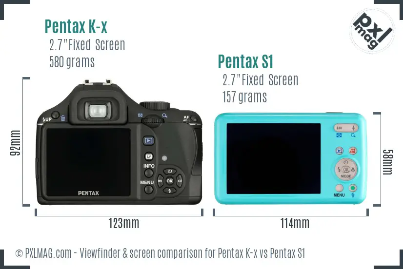 Pentax K-x vs Pentax S1 Screen and Viewfinder comparison