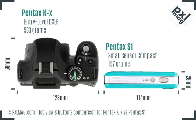 Pentax K-x vs Pentax S1 top view buttons comparison