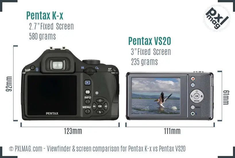 Pentax K-x vs Pentax VS20 Screen and Viewfinder comparison