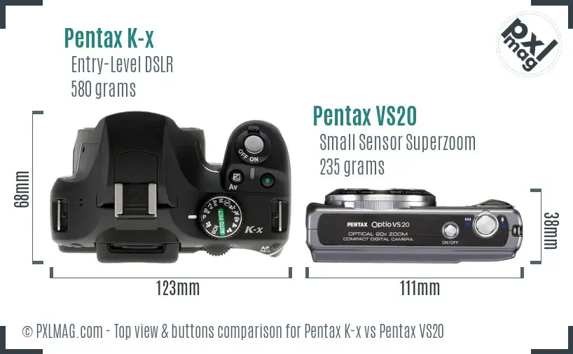 Pentax K-x vs Pentax VS20 top view buttons comparison