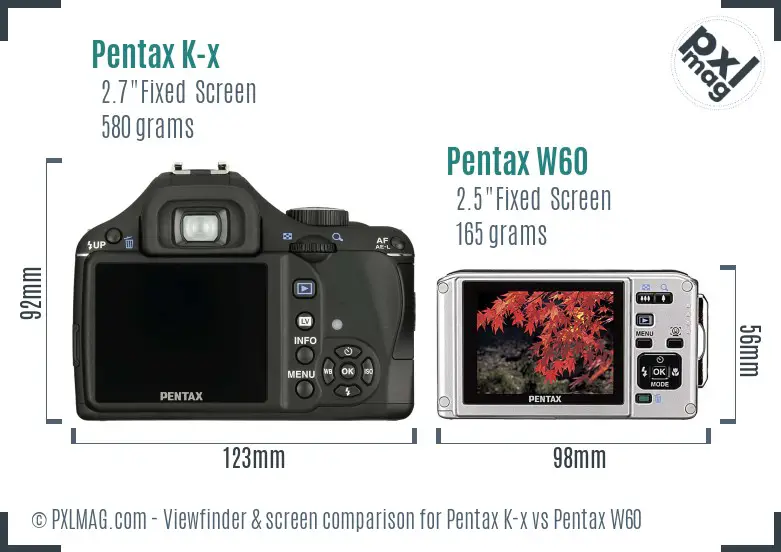 Pentax K-x vs Pentax W60 Screen and Viewfinder comparison