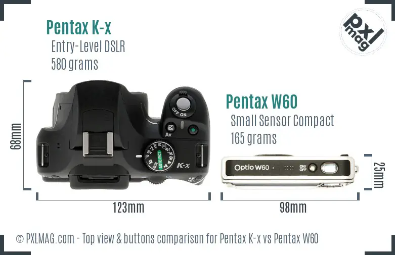 Pentax K-x vs Pentax W60 top view buttons comparison