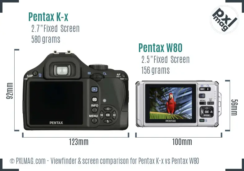 Pentax K-x vs Pentax W80 Screen and Viewfinder comparison