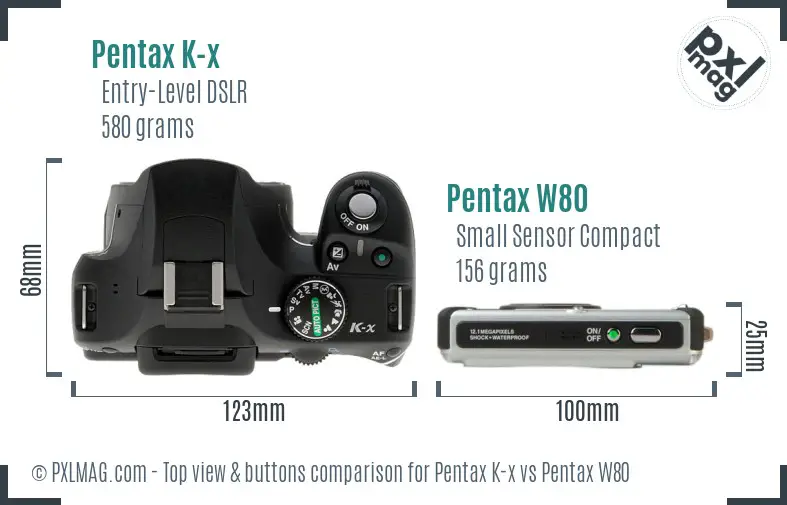 Pentax K-x vs Pentax W80 top view buttons comparison