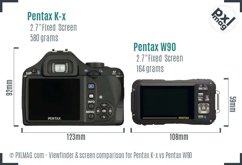 Pentax K-x vs Pentax W90 Screen and Viewfinder comparison