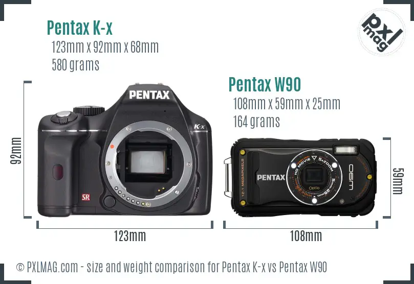 Pentax K-x vs Pentax W90 size comparison
