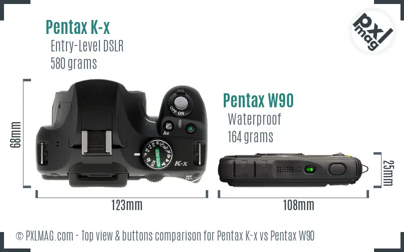Pentax K-x vs Pentax W90 top view buttons comparison