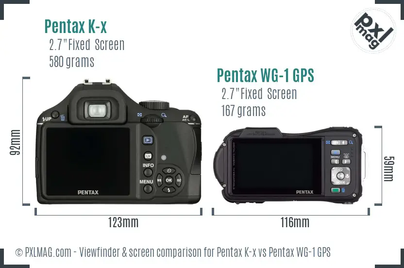 Pentax K-x vs Pentax WG-1 GPS Screen and Viewfinder comparison