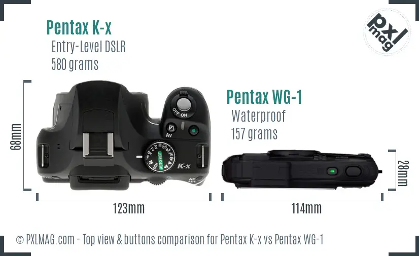 Pentax K-x vs Pentax WG-1 top view buttons comparison