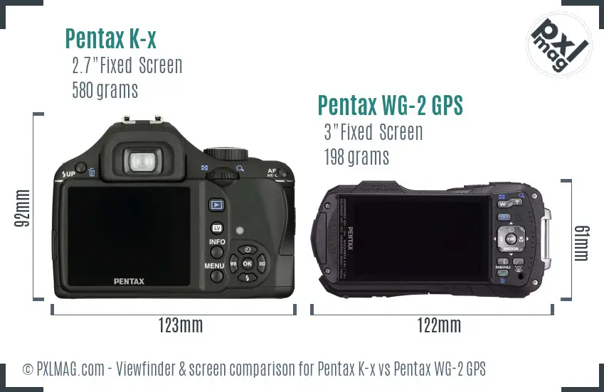 Pentax K-x vs Pentax WG-2 GPS Screen and Viewfinder comparison