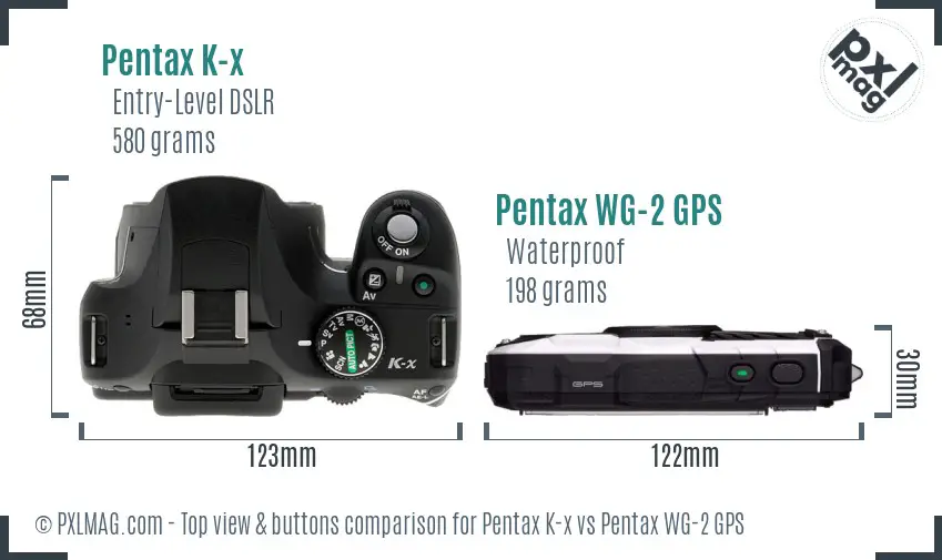 Pentax K-x vs Pentax WG-2 GPS top view buttons comparison