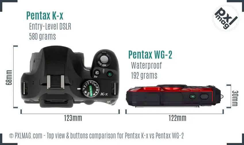 Pentax K-x vs Pentax WG-2 top view buttons comparison