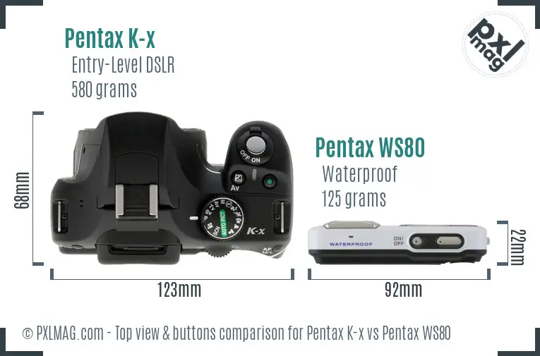 Pentax K-x vs Pentax WS80 top view buttons comparison