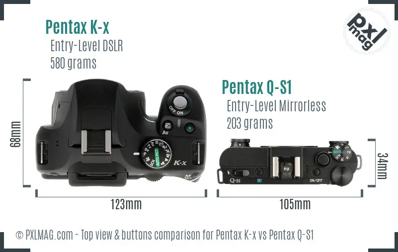 Pentax K-x vs Pentax Q-S1 top view buttons comparison
