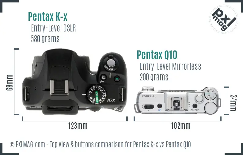 Pentax K-x vs Pentax Q10 top view buttons comparison