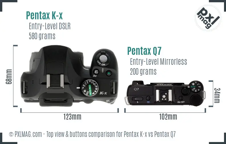 Pentax K-x vs Pentax Q7 top view buttons comparison