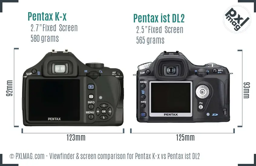 Pentax K-x vs Pentax ist DL2 Screen and Viewfinder comparison