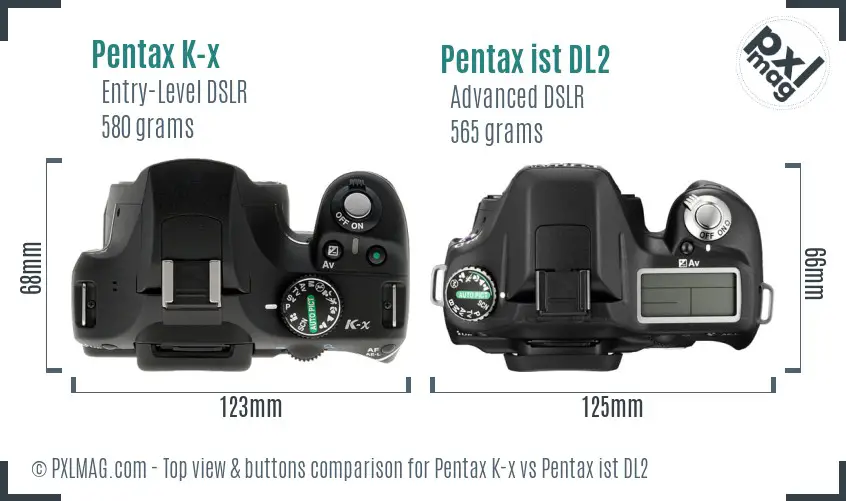 Pentax K-x vs Pentax ist DL2 top view buttons comparison