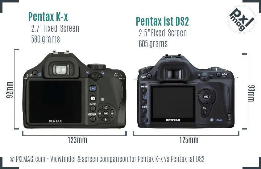 Pentax K-x vs Pentax ist DS2 Screen and Viewfinder comparison