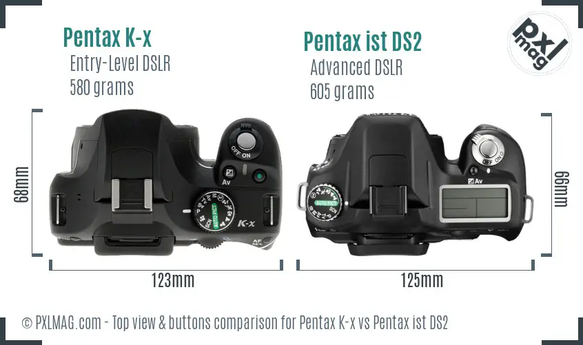 Pentax K-x vs Pentax ist DS2 top view buttons comparison