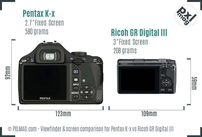 Pentax K-x vs Ricoh GR Digital III Screen and Viewfinder comparison