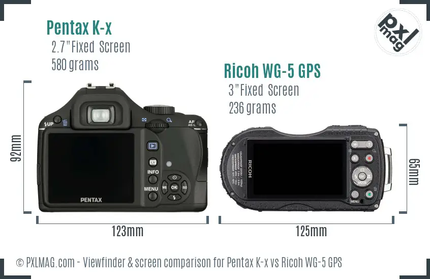 Pentax K-x vs Ricoh WG-5 GPS Screen and Viewfinder comparison