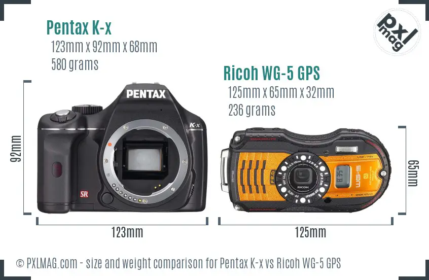 Pentax K-x vs Ricoh WG-5 GPS size comparison