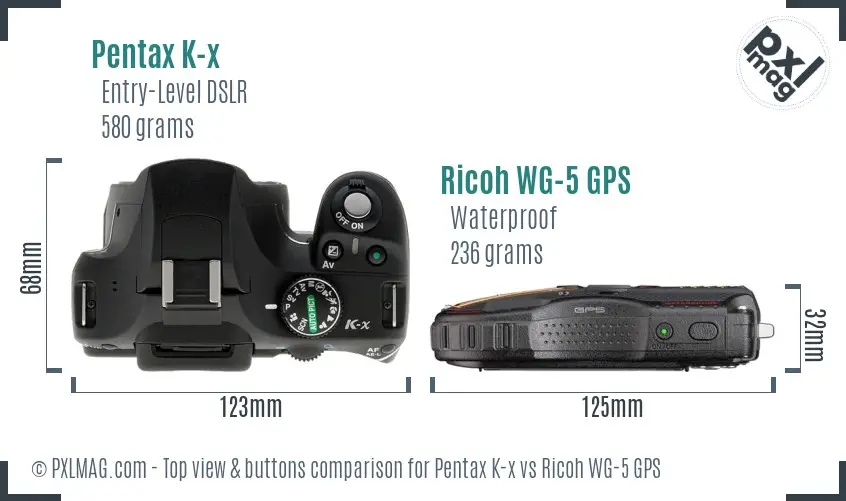 Pentax K-x vs Ricoh WG-5 GPS top view buttons comparison