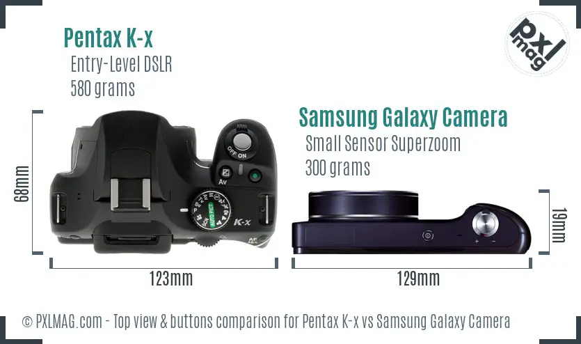Pentax K-x vs Samsung Galaxy Camera top view buttons comparison