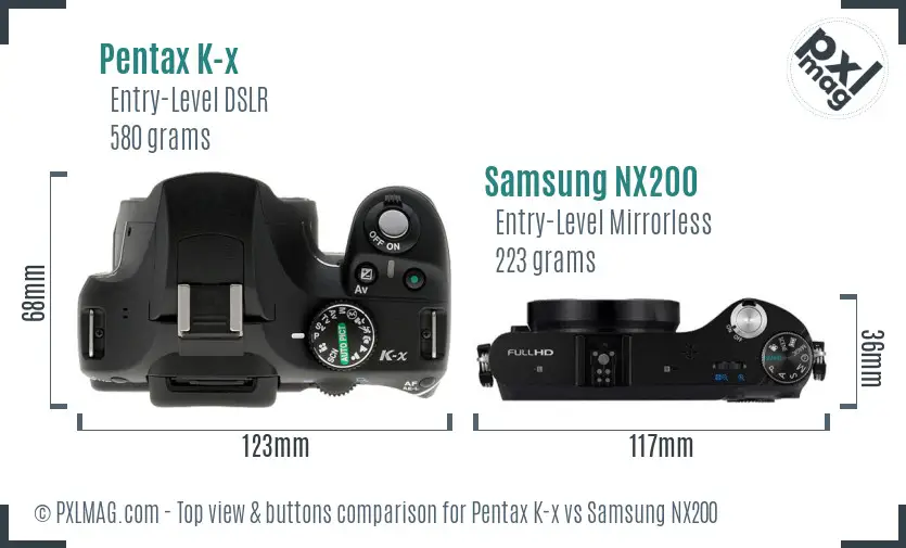 Pentax K-x vs Samsung NX200 top view buttons comparison