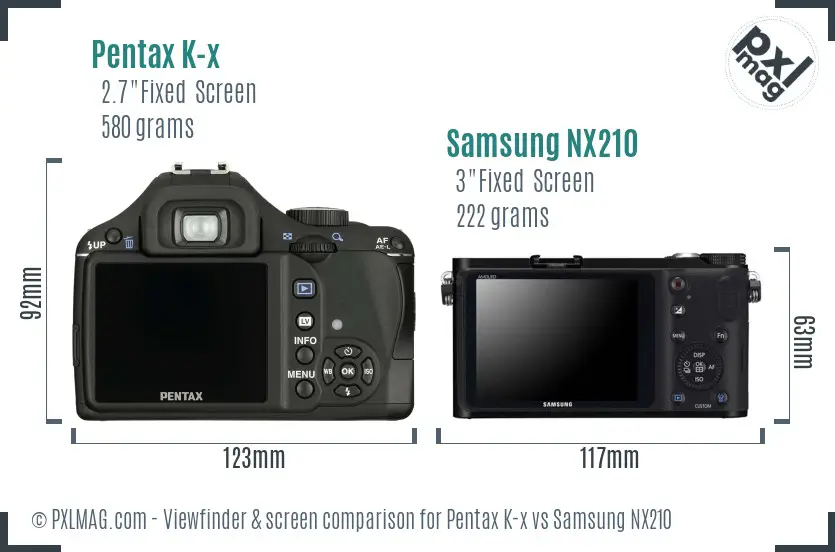 Pentax K-x vs Samsung NX210 Screen and Viewfinder comparison