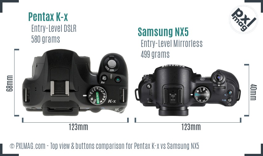 Pentax K-x vs Samsung NX5 top view buttons comparison