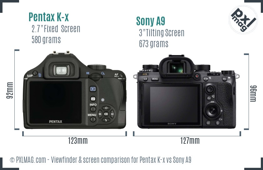Pentax K-x vs Sony A9 Screen and Viewfinder comparison