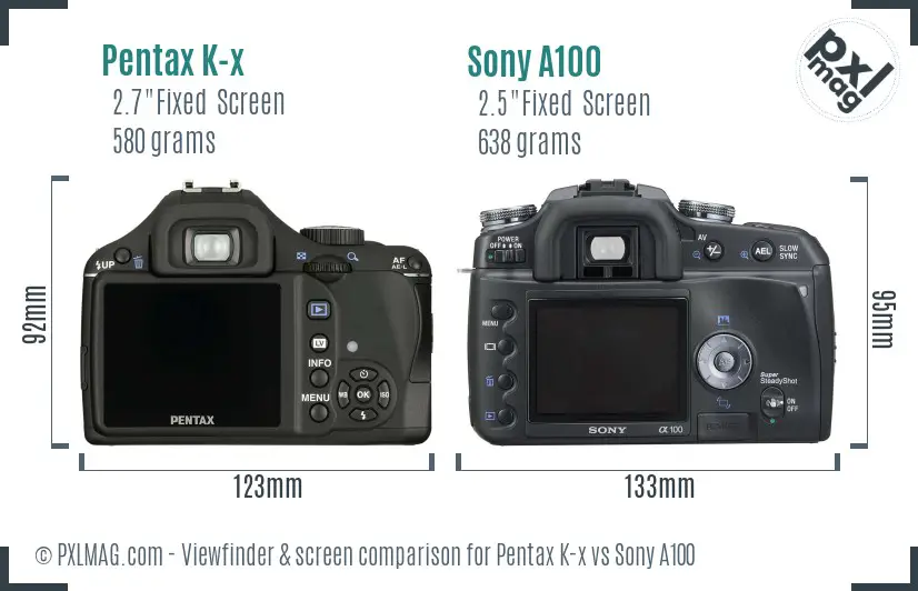 Pentax K-x vs Sony A100 Screen and Viewfinder comparison