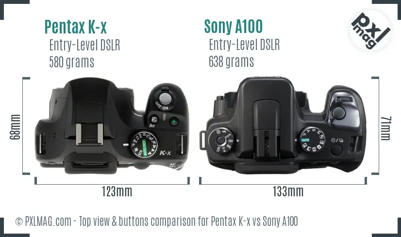 Pentax K-x vs Sony A100 top view buttons comparison