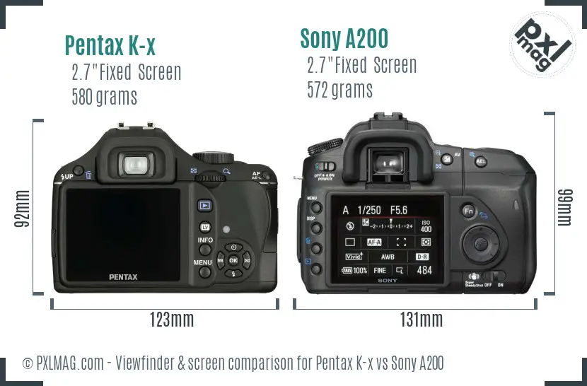 Pentax K-x vs Sony A200 Screen and Viewfinder comparison