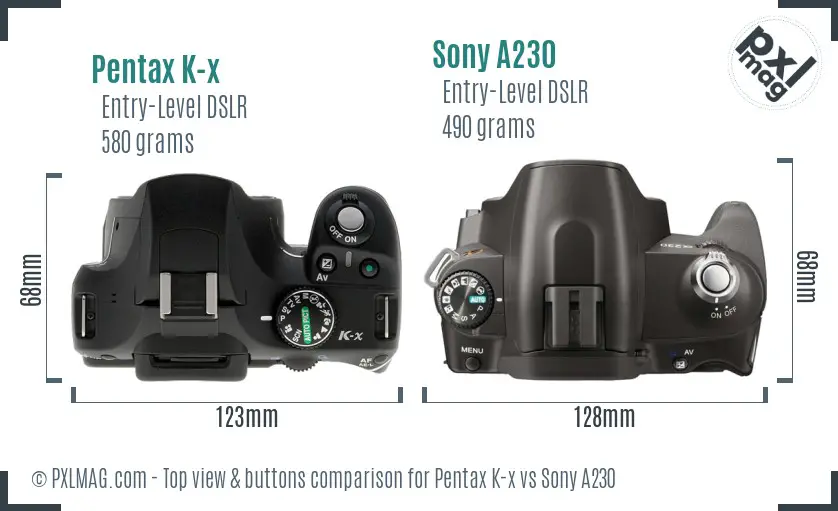 Pentax K-x vs Sony A230 top view buttons comparison