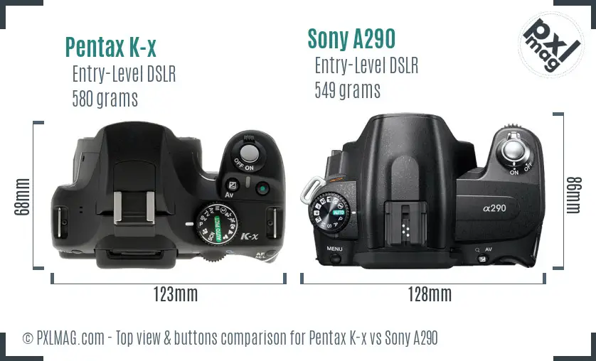 Pentax K-x vs Sony A290 top view buttons comparison