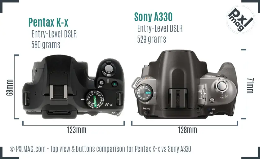 Pentax K-x vs Sony A330 top view buttons comparison