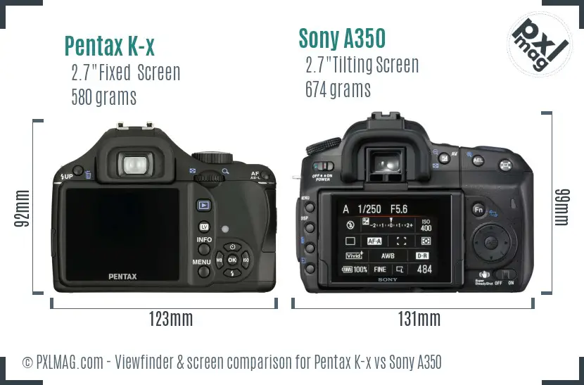 Pentax K-x vs Sony A350 Screen and Viewfinder comparison