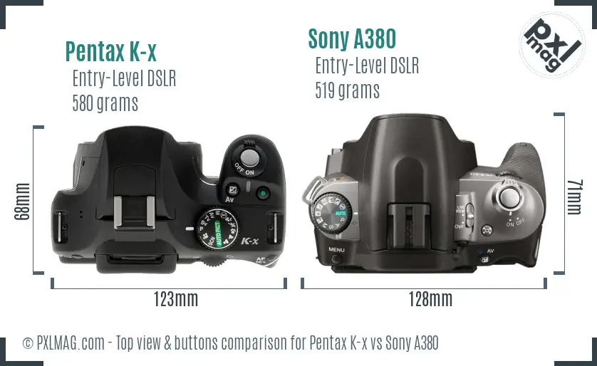 Pentax K-x vs Sony A380 top view buttons comparison