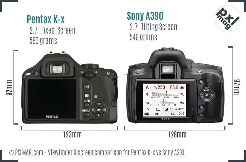 Pentax K-x vs Sony A390 Screen and Viewfinder comparison