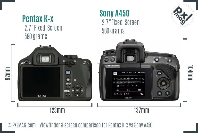 Pentax K-x vs Sony A450 Screen and Viewfinder comparison