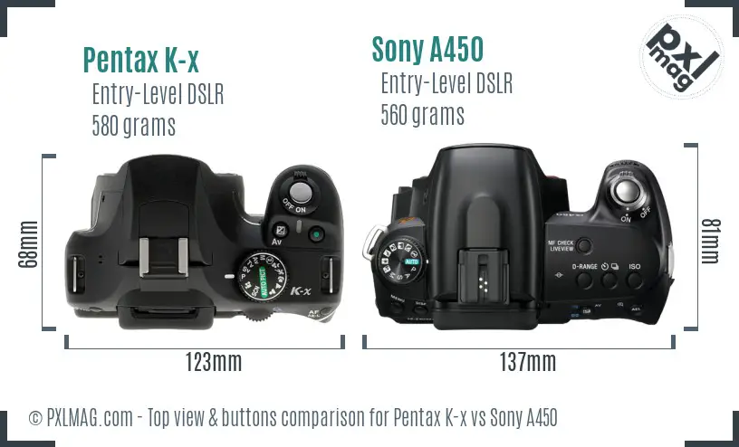 Pentax K-x vs Sony A450 top view buttons comparison