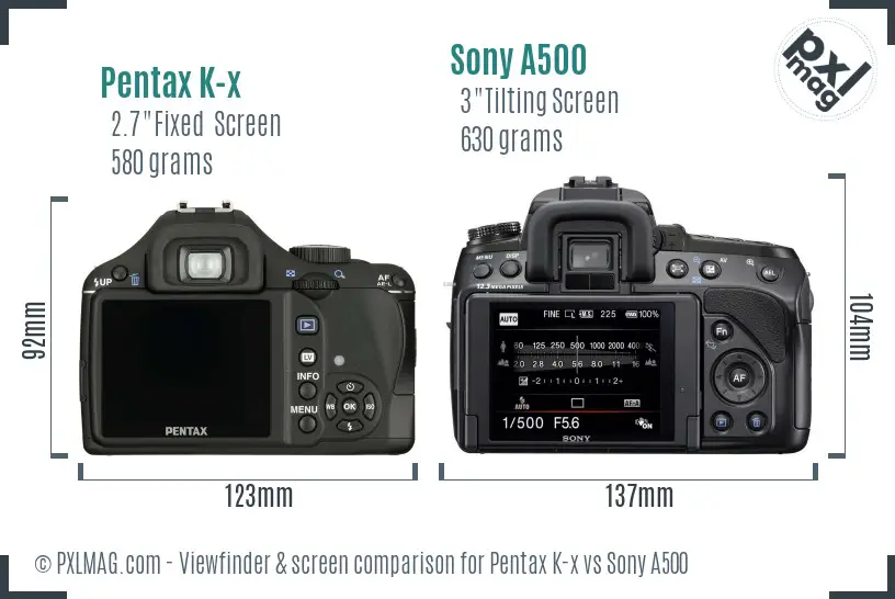 Pentax K-x vs Sony A500 Screen and Viewfinder comparison