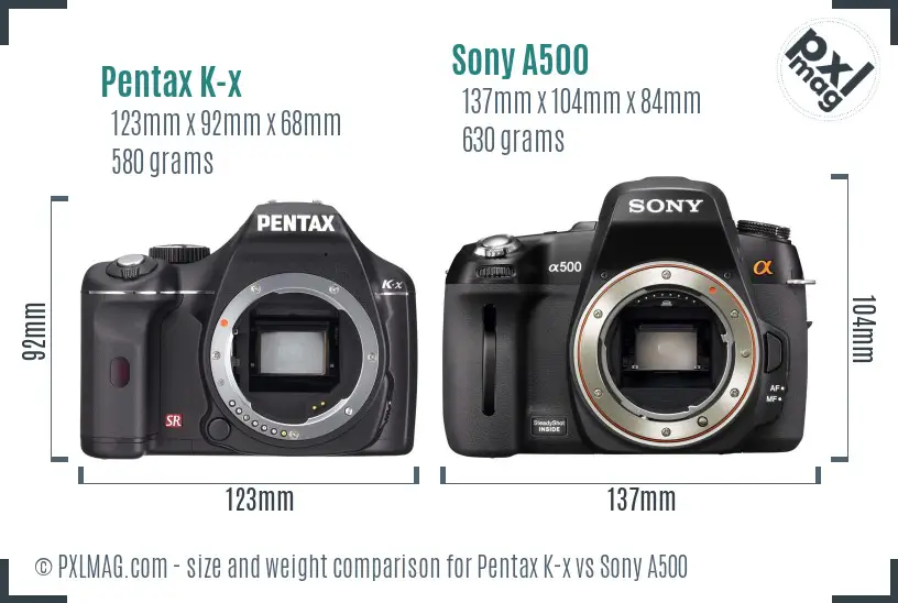 Pentax K-x vs Sony A500 size comparison