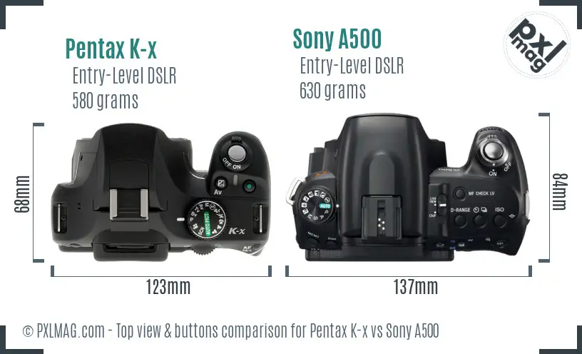 Pentax K-x vs Sony A500 top view buttons comparison