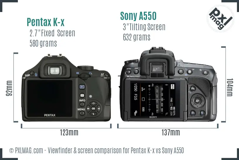 Pentax K-x vs Sony A550 Screen and Viewfinder comparison