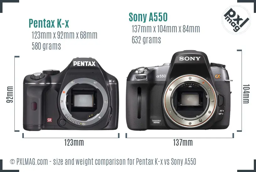 Pentax K-x vs Sony A550 size comparison