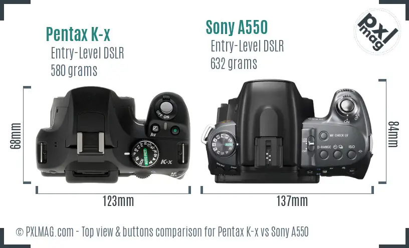 Pentax K-x vs Sony A550 top view buttons comparison